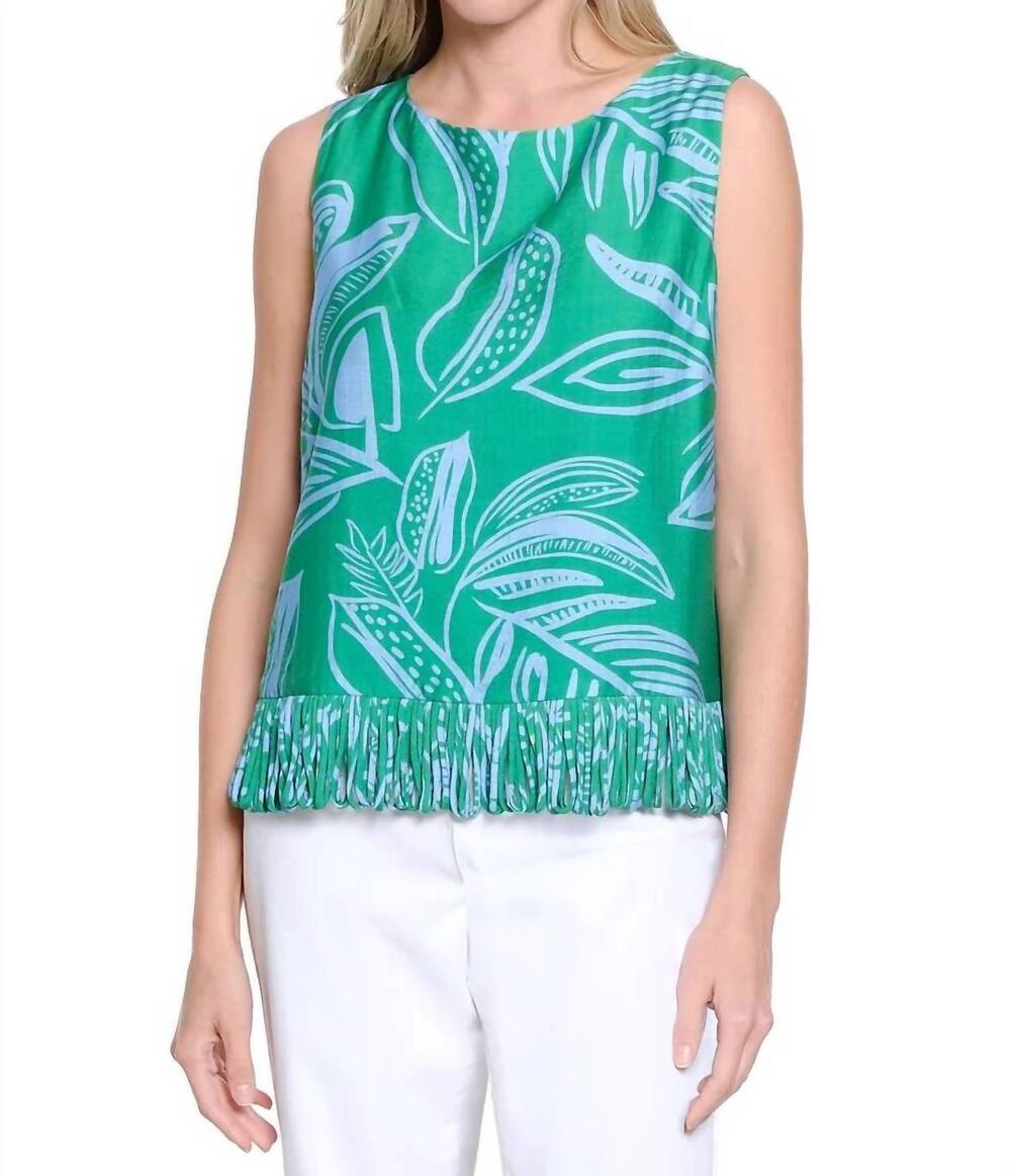 NEW TRU LUXE printed shell loop fringe trim top in green